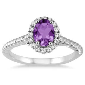 1 Carat Amethyst And Diamond Halo Rope Ring In 10K White Gold