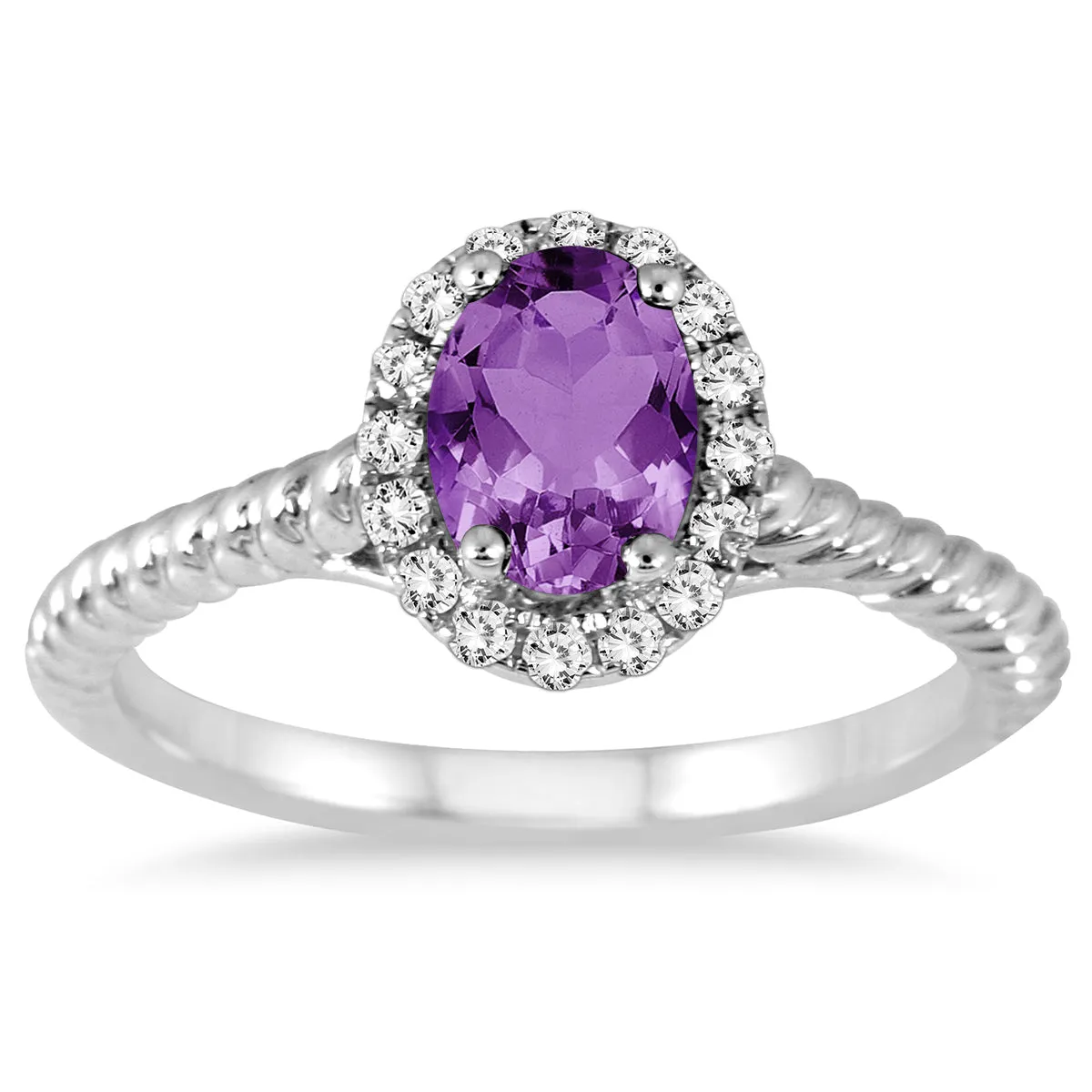 1 Carat Amethyst And Diamond Halo Rope Ring In 10K White Gold