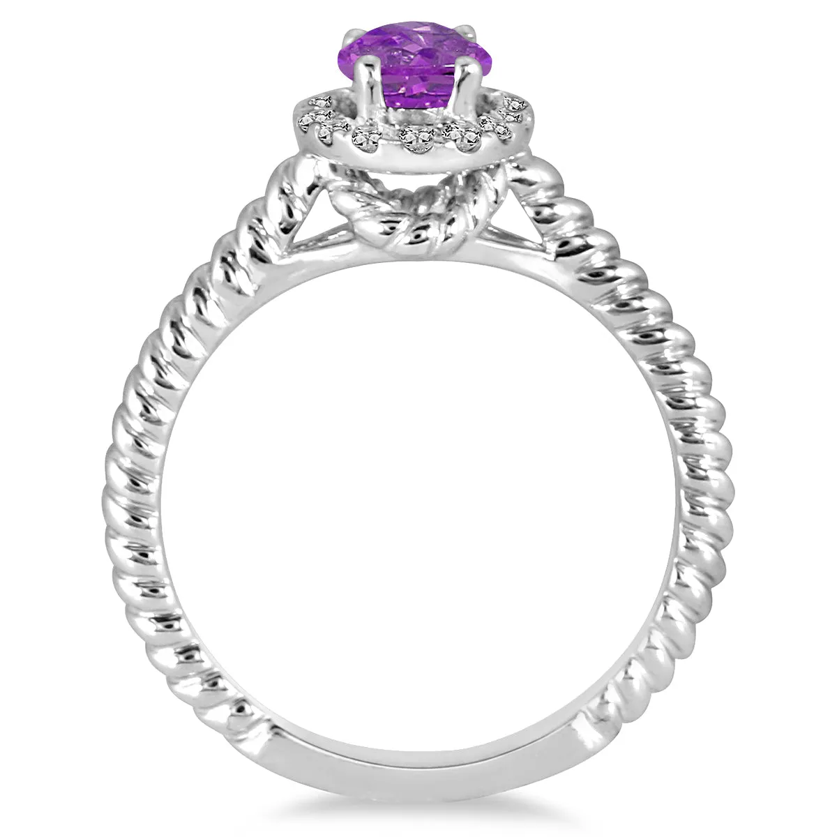 1 Carat Amethyst And Diamond Halo Rope Ring In 10K White Gold