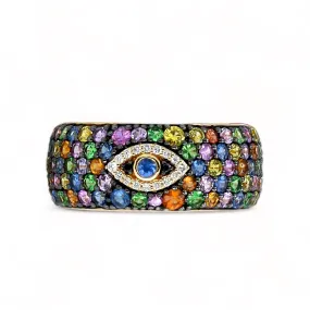 14K Yellow gold multicolor natural sapphire eye amulet ring EFFY ring-31848