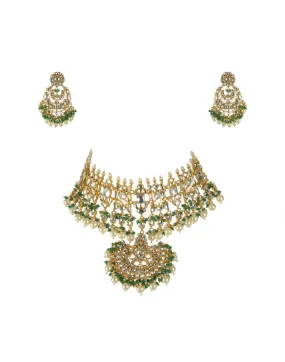 22k Emerald Green And White Kundan Necklace Set