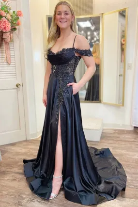 A Line Cold-Shoulder Beaded Black Prom Dresses,BD93348