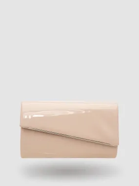 Asymmetrical Patent Faux-Leather Flapover Clutch With Metal Trim