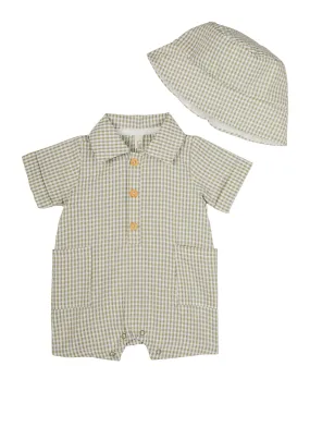 Baby Boys 0-9M Gauze Knit Gingham Romper with Bucket Hat