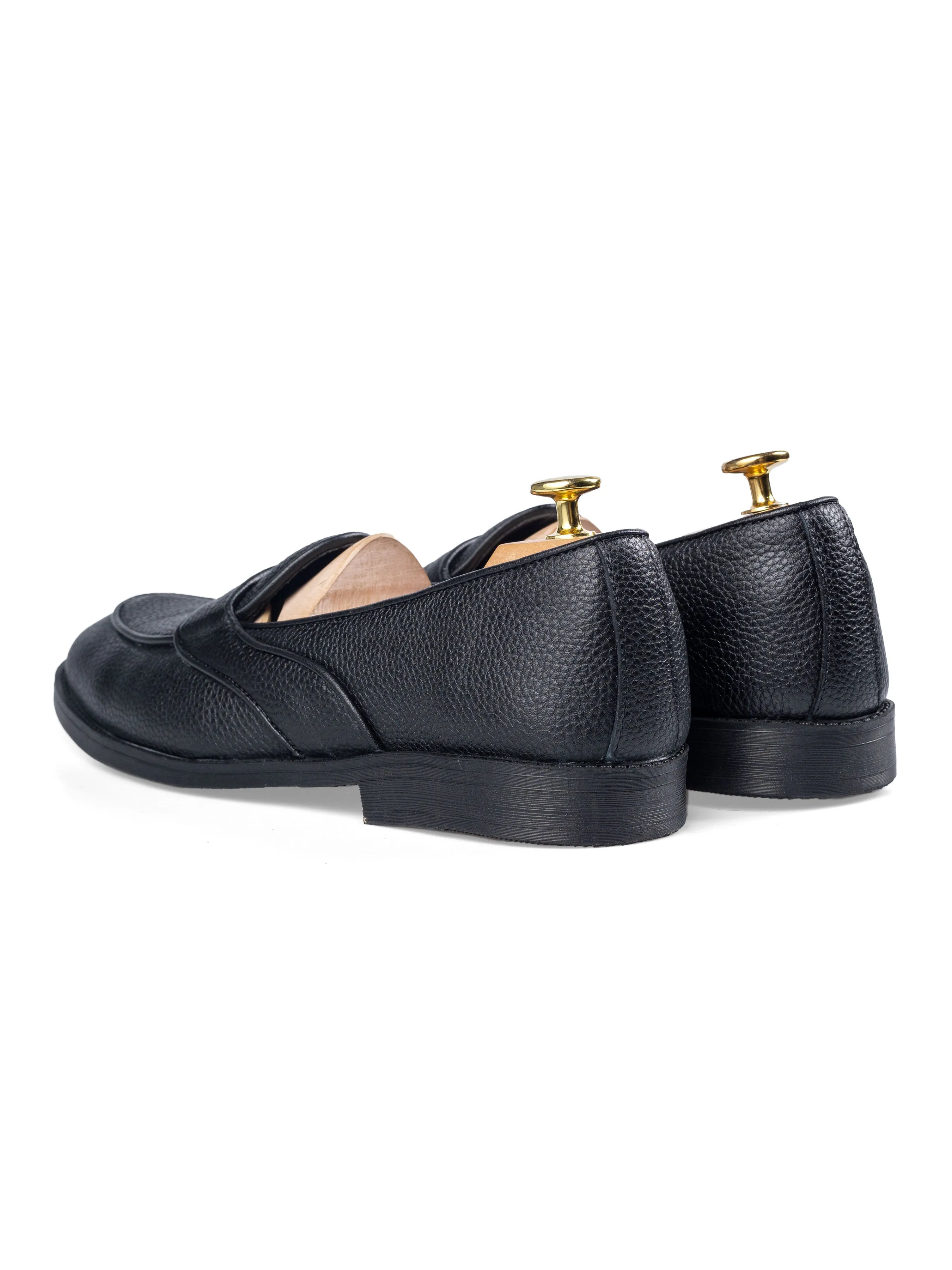 Belgian Loafer with Penny - Black Pebble Grain Leather (Flexi-Sole)