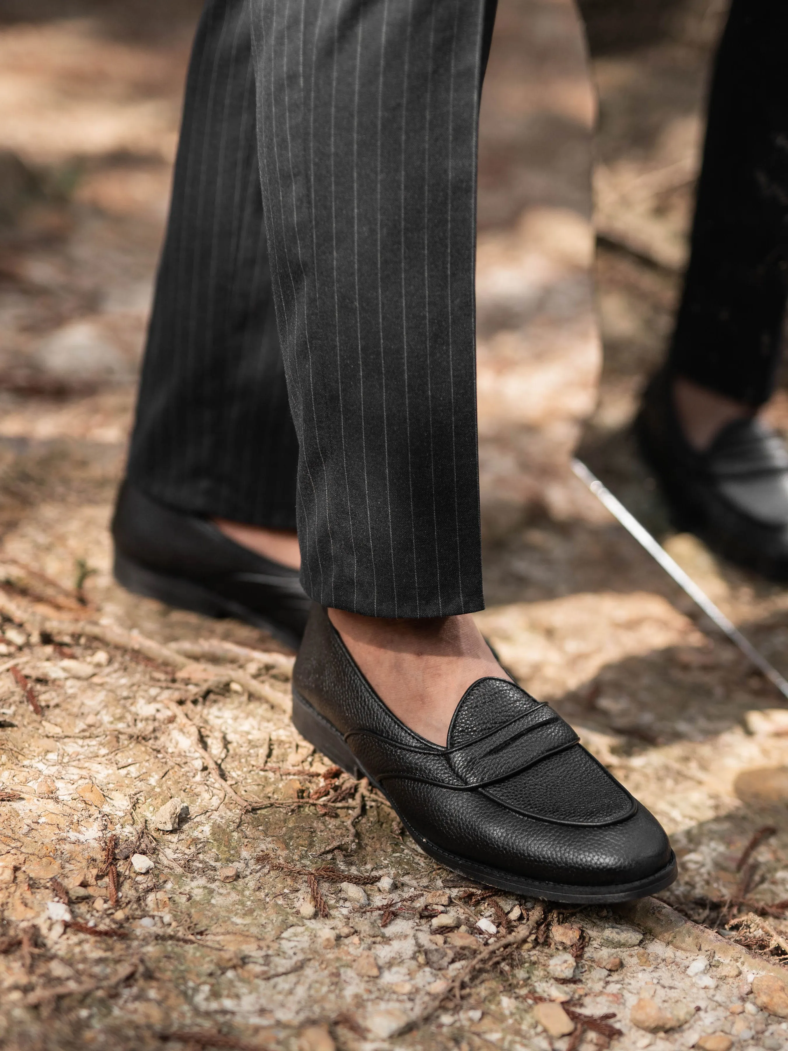 Belgian Loafer with Penny - Black Pebble Grain Leather (Flexi-Sole)