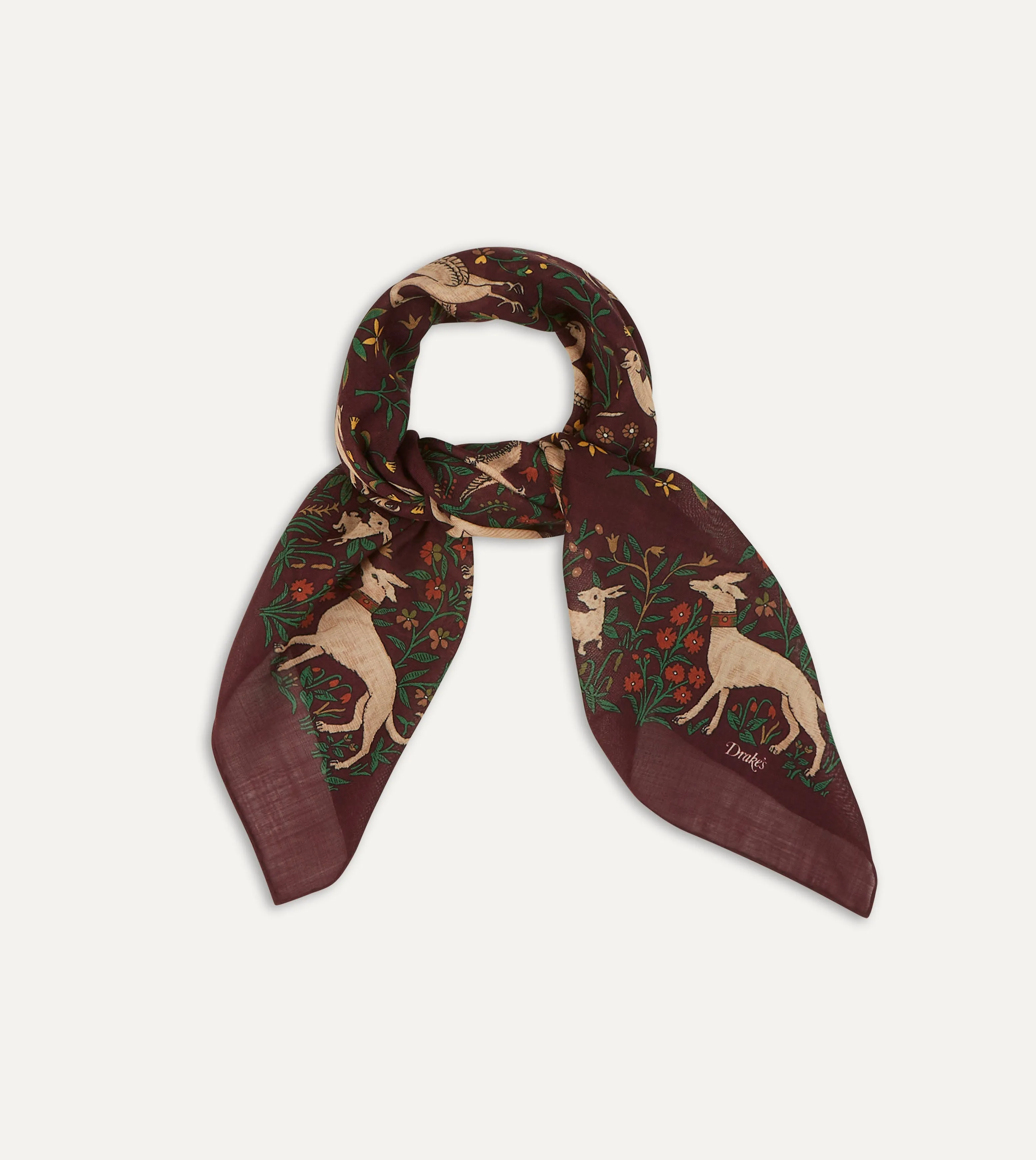 Burgundy Unicorn Print Wool-Silk Square Scarf