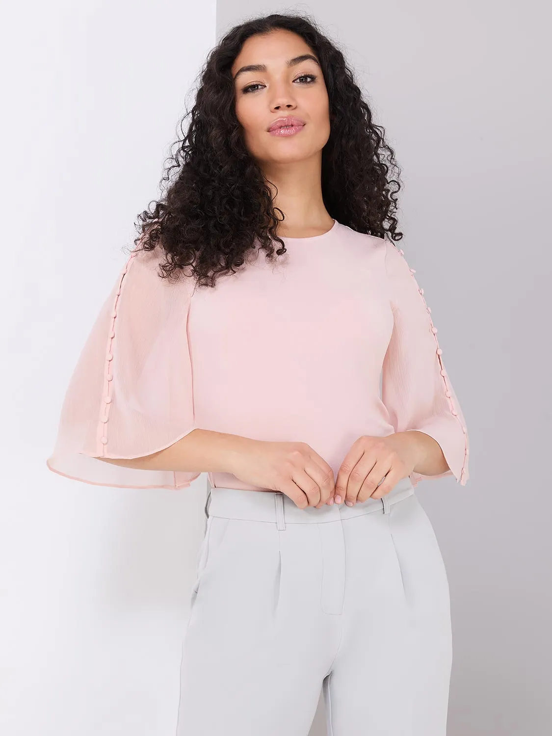 Chiffon Flutter Sleeve Top With Button Details