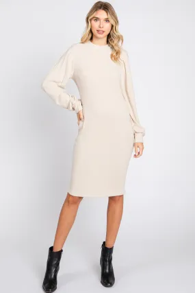 Cream Ribbed Long Sleeve Mock Neck Dress