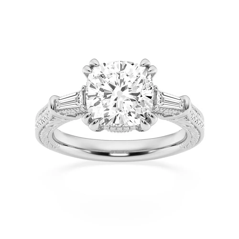 Cushion Cut Moissanite Filigree with Baguettes Vintage Engagement Ring