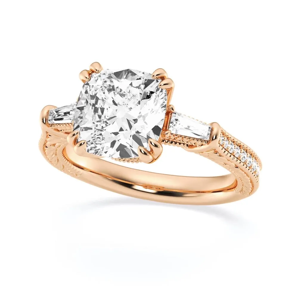 Cushion Cut Moissanite Filigree with Baguettes Vintage Engagement Ring