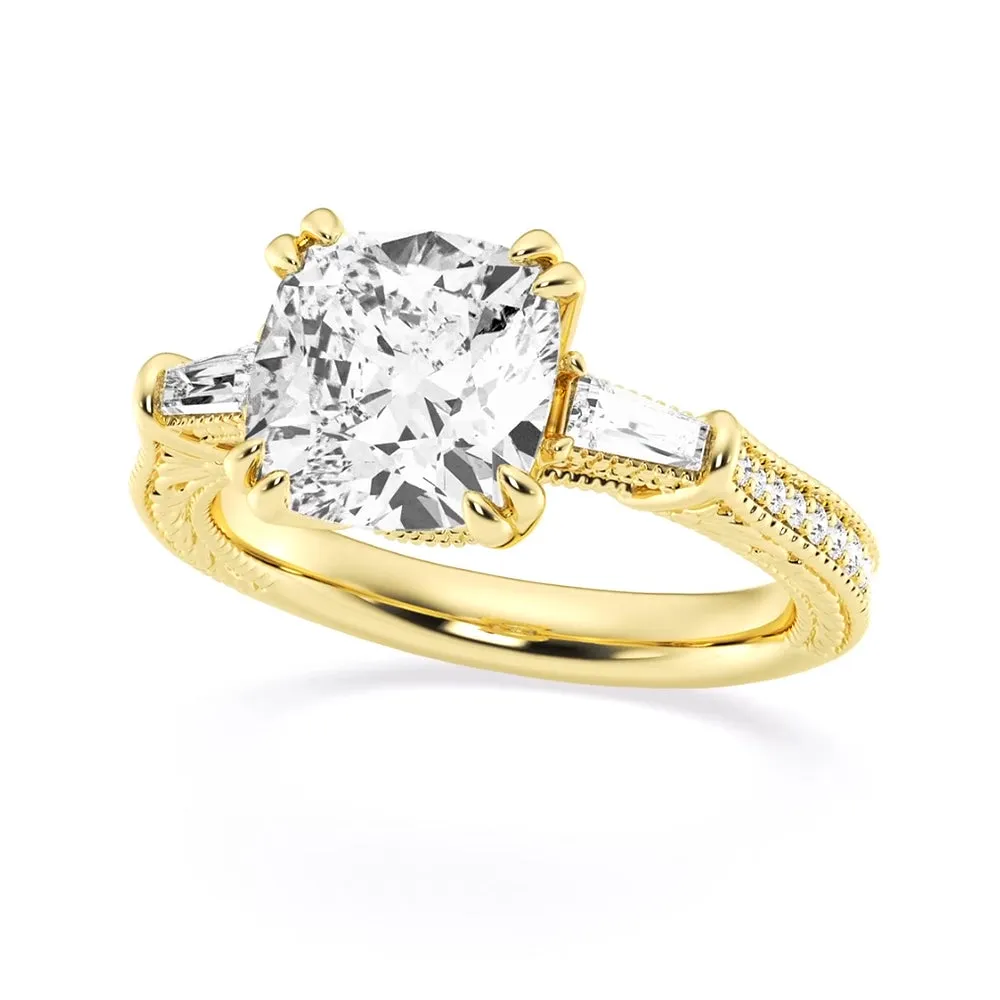 Cushion Cut Moissanite Filigree with Baguettes Vintage Engagement Ring