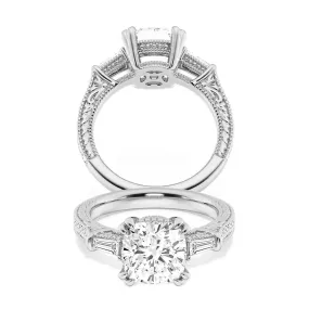 Cushion Cut Moissanite Filigree with Baguettes Vintage Engagement Ring