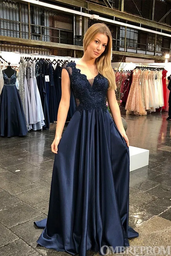 Delicate V Neck Sleeveless Satin A Line Lace Top Prom Dresses