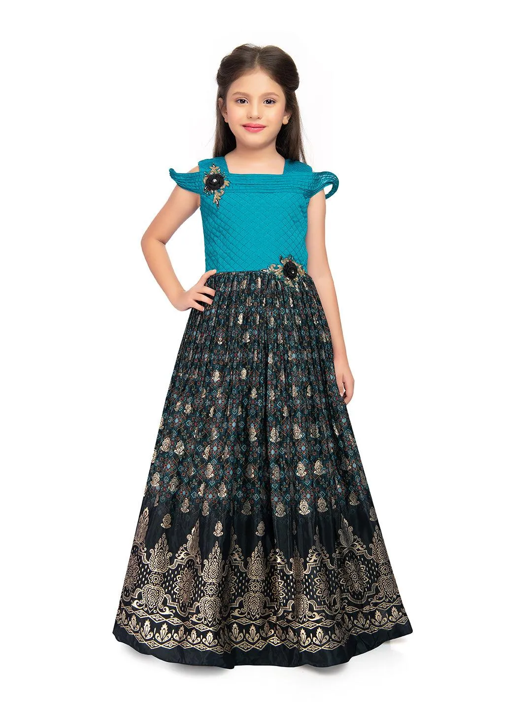 Firozi Coloured Wire Style Off Shoulder Design Gown For Girls