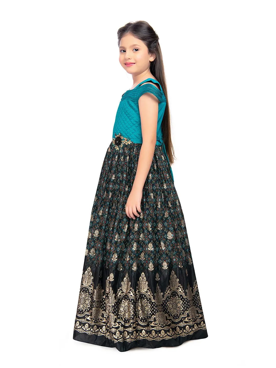 Firozi Coloured Wire Style Off Shoulder Design Gown For Girls