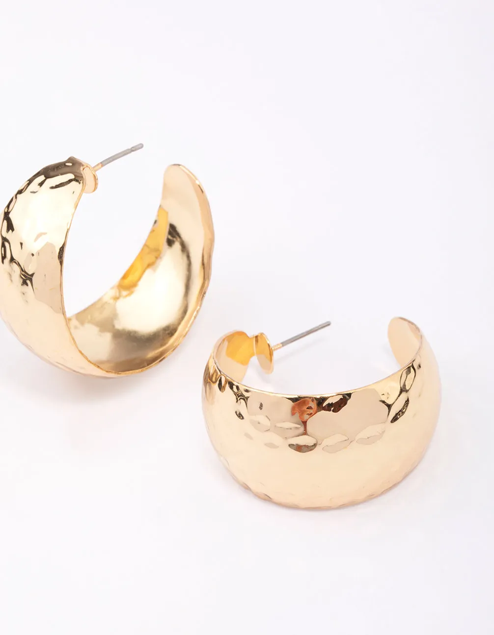 Gold Plated Wide Hammered Hoop Earrings