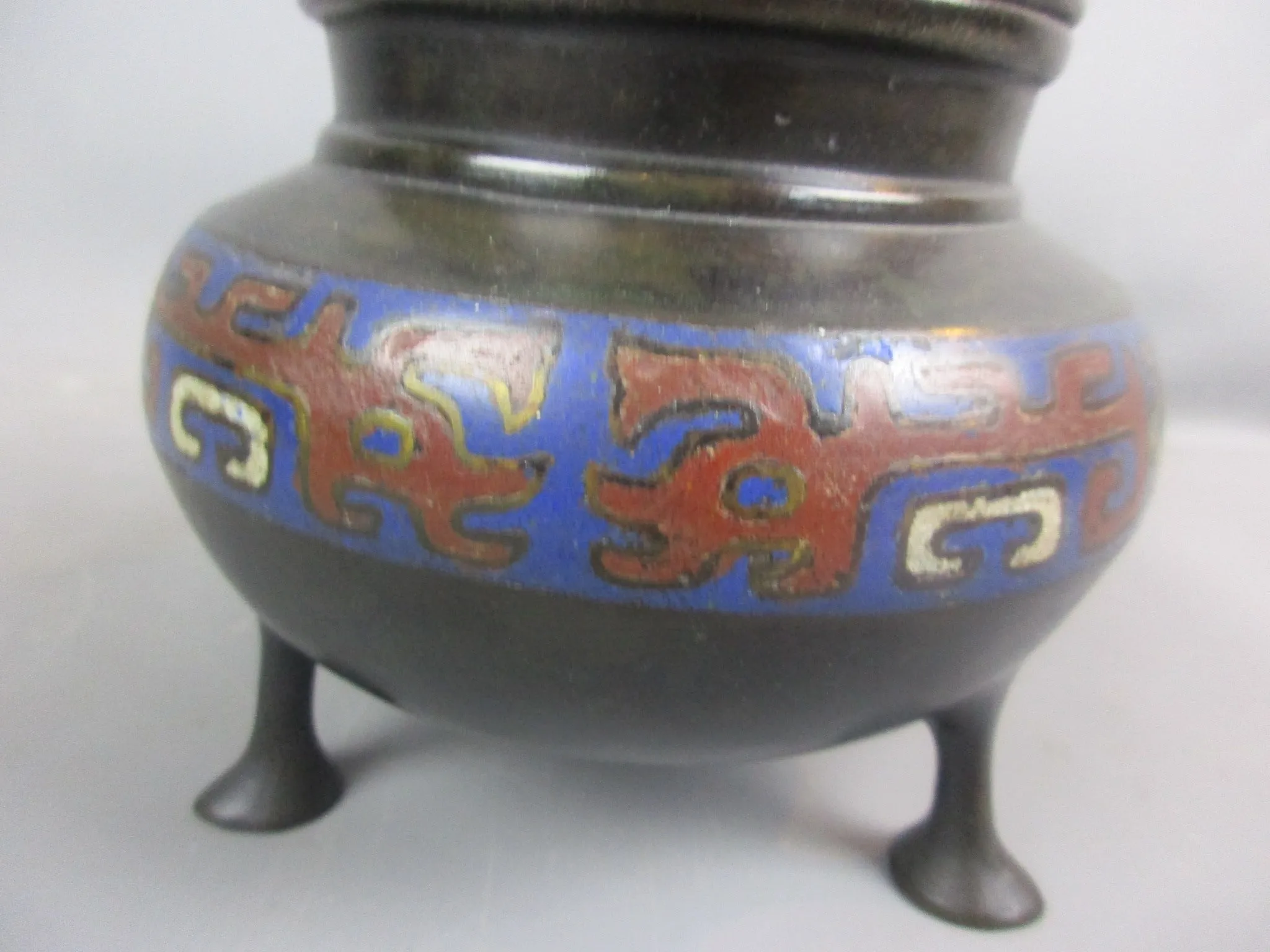 Hand Painted Three Footed Chinese Bronze Incense Burner Vintage c1950