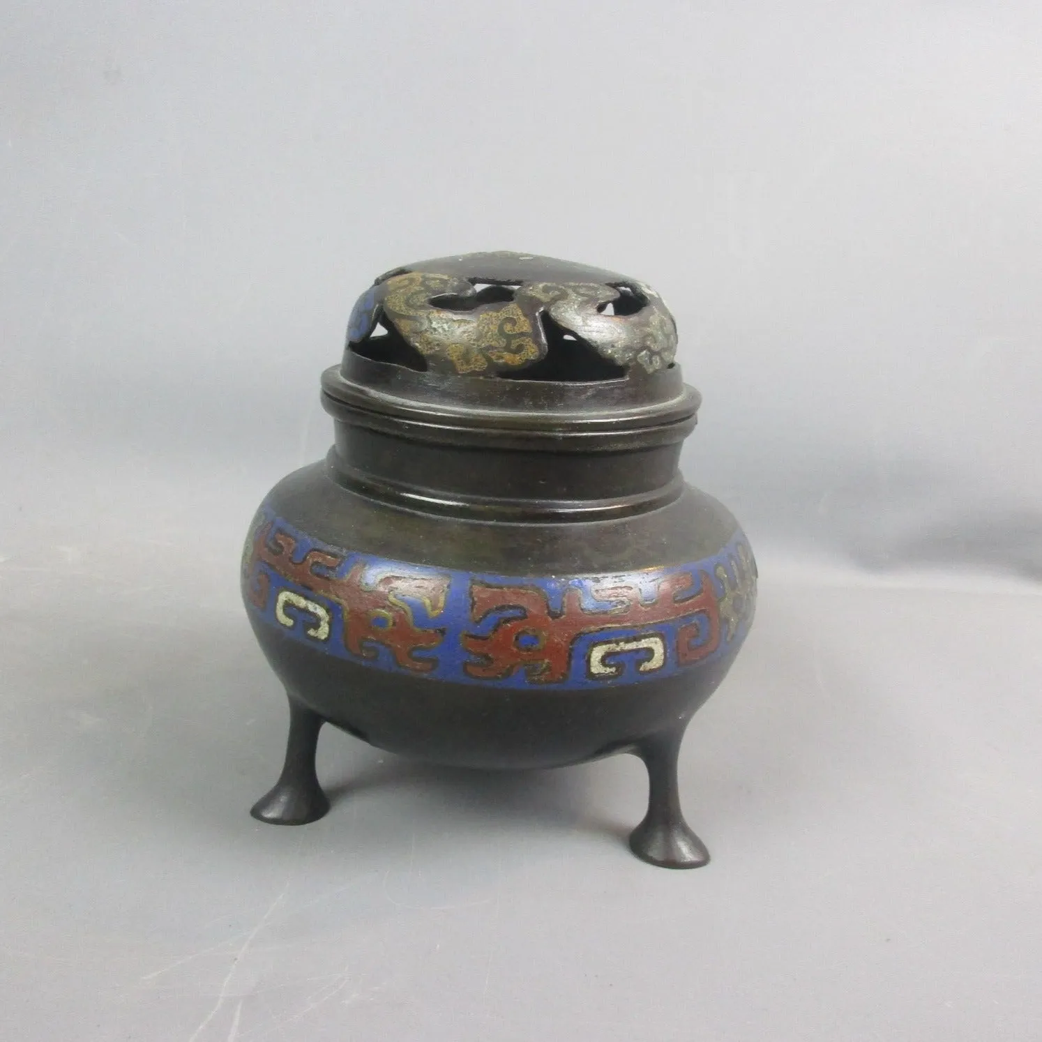 Hand Painted Three Footed Chinese Bronze Incense Burner Vintage c1950