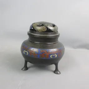 Hand Painted Three Footed Chinese Bronze Incense Burner Vintage c1950