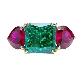 Heart Ruby and Emerald Square 925 Sterling Silver Ring