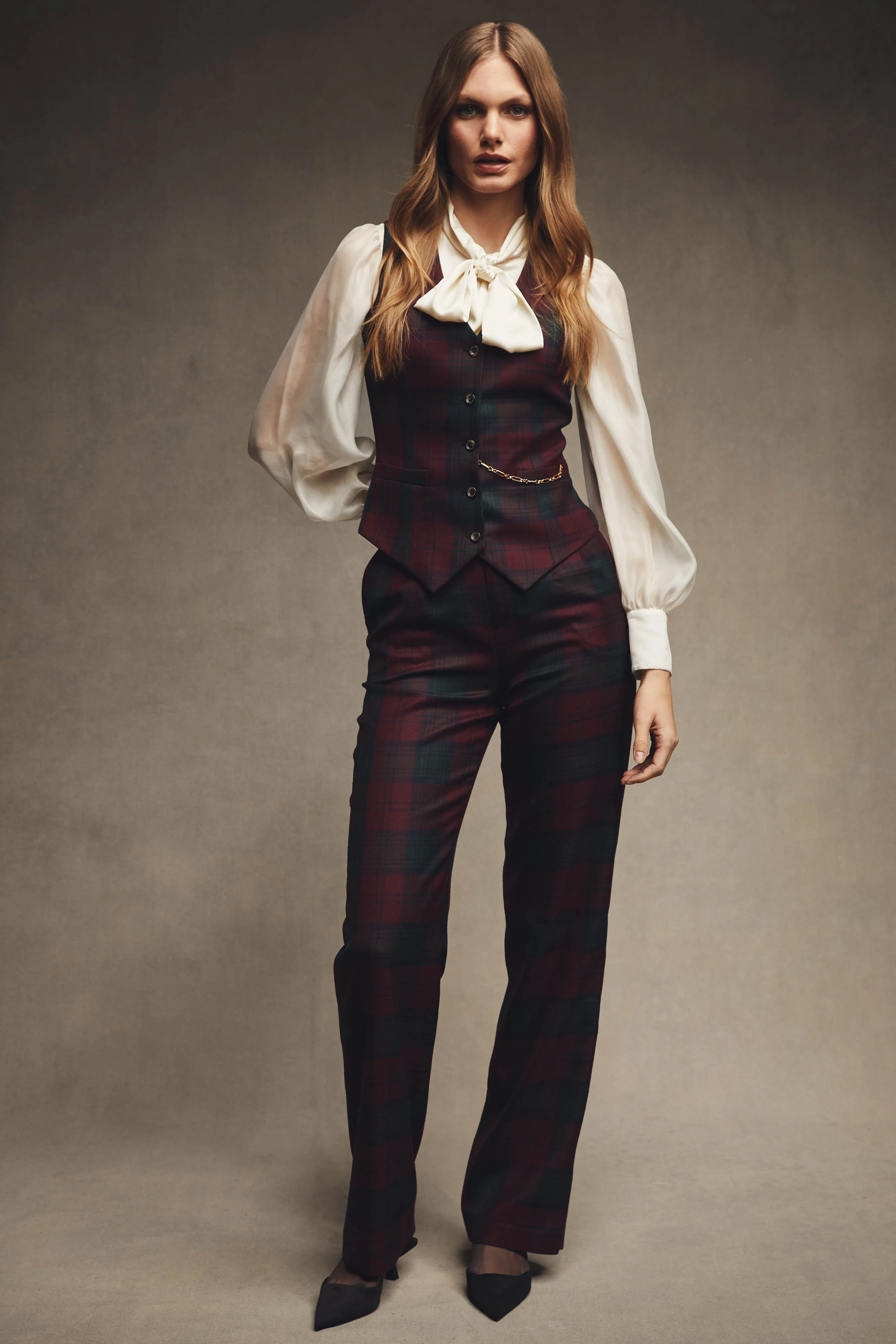 High Waisted Straight Trouser (Mulberry Tartan)