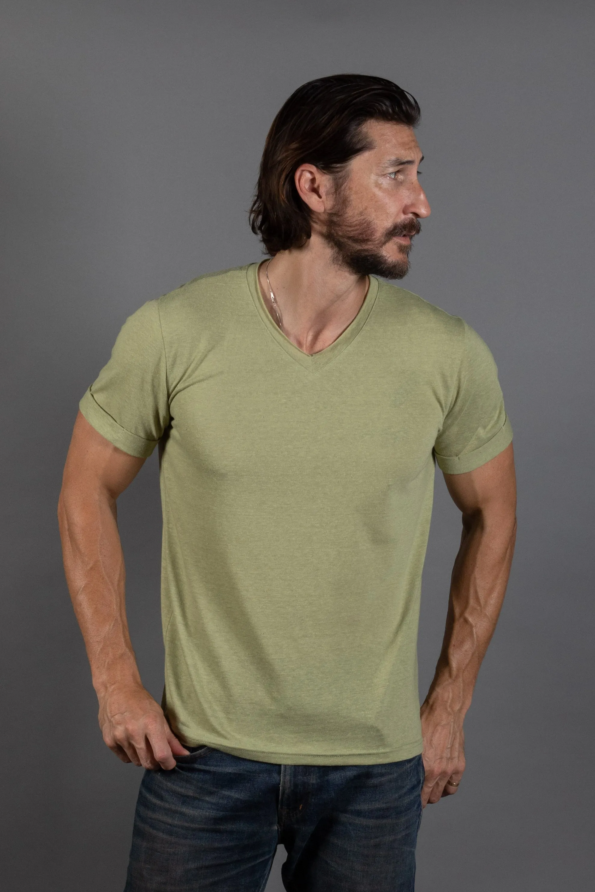 Men's Tri-Blend Stitch Sleeve V-Neck Tee