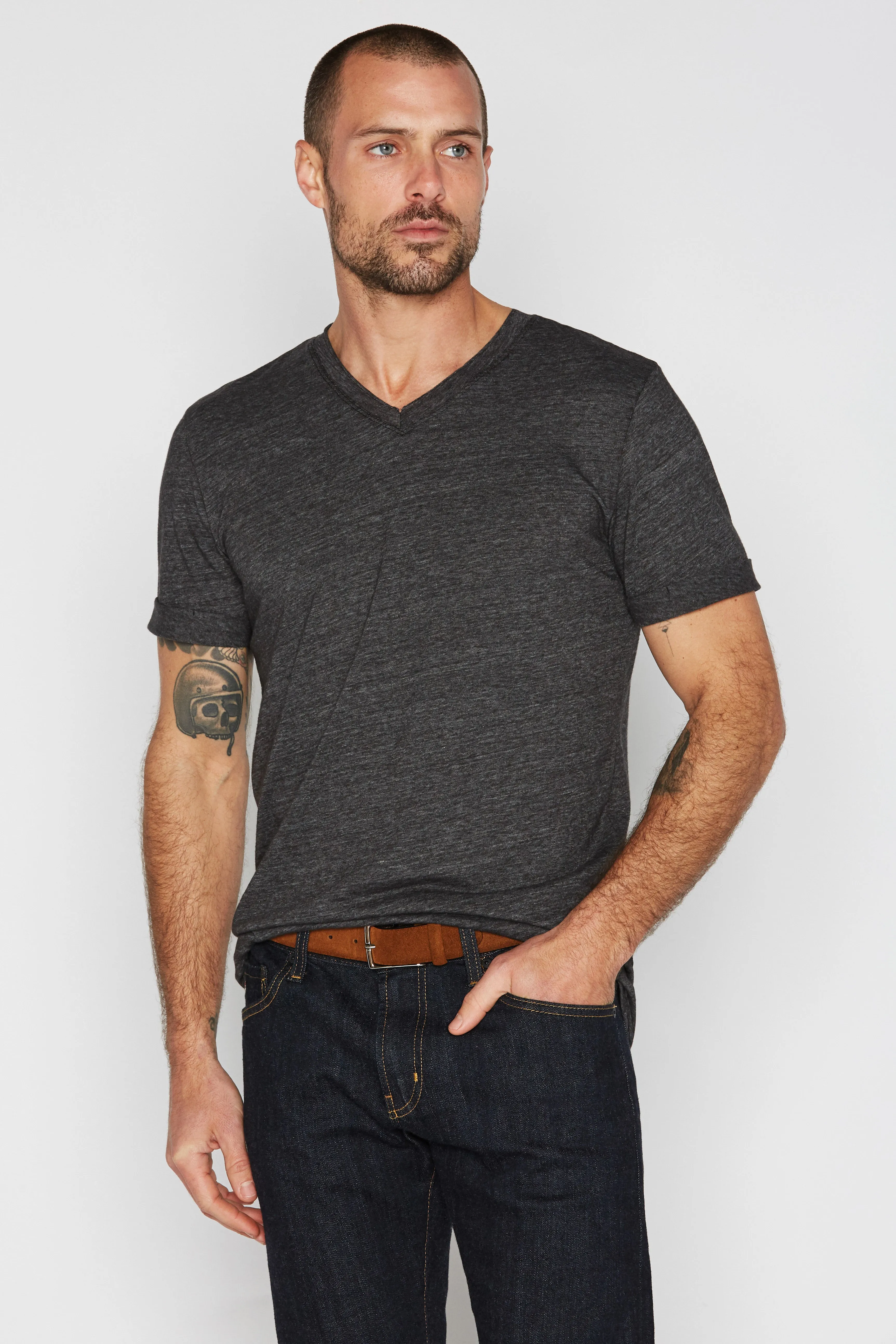 Men's Tri-Blend Stitch Sleeve V-Neck Tee