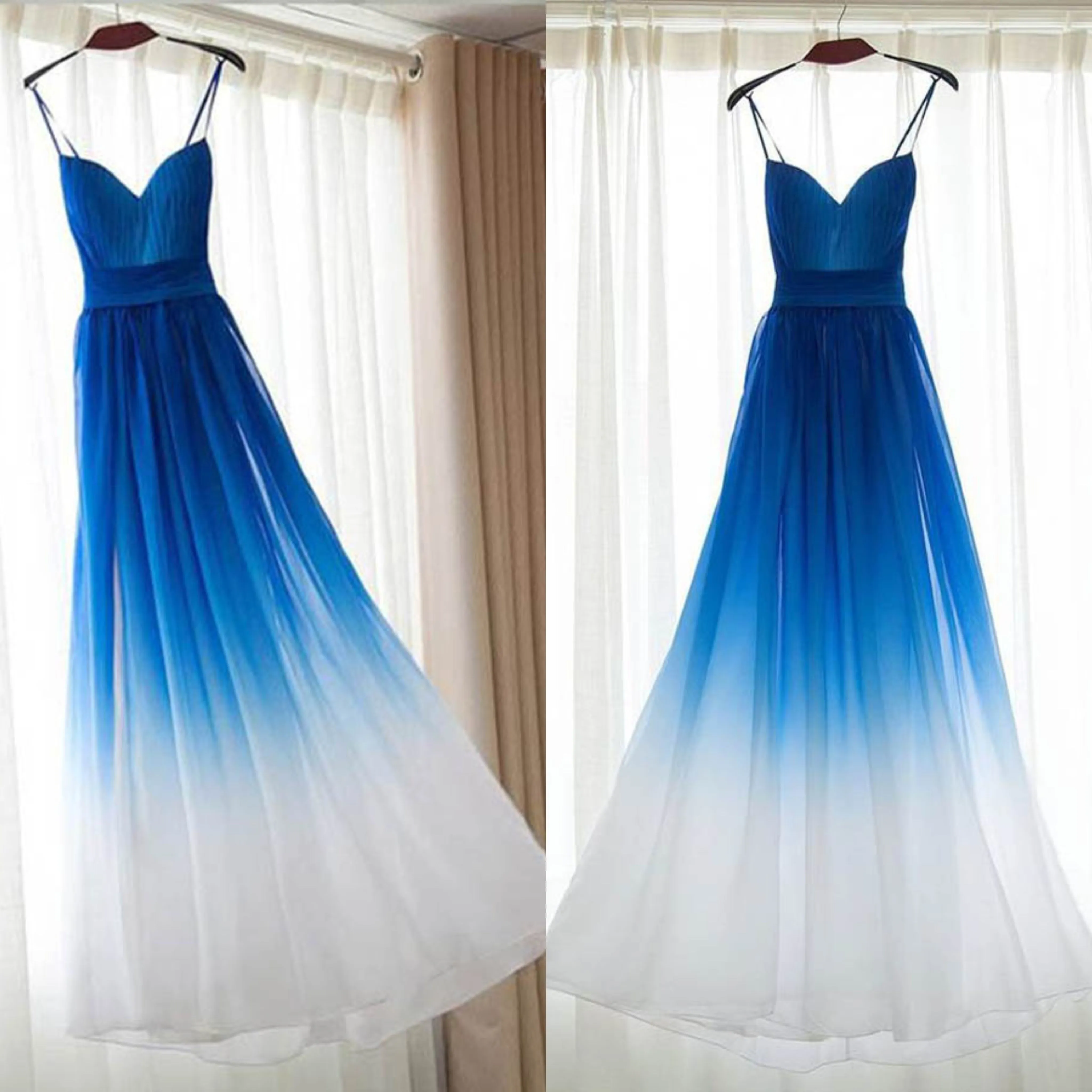 Ombre Chiffon Spaghetti Straps Sleeveless A-line Prom Dresses