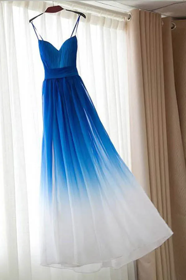 Ombre Chiffon Spaghetti Straps Sleeveless A-line Prom Dresses