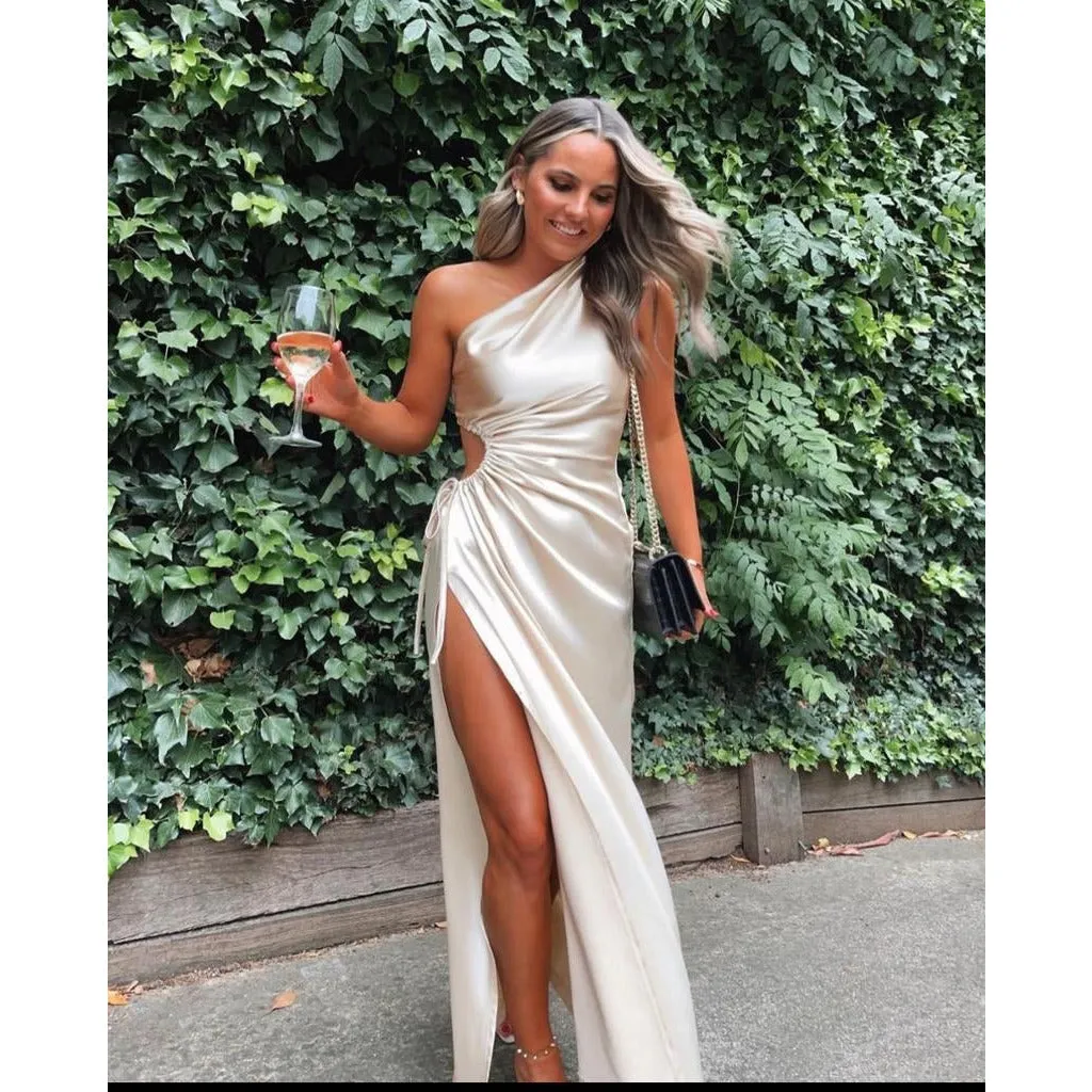 One Hand Off Shoulder Side Slit Dress