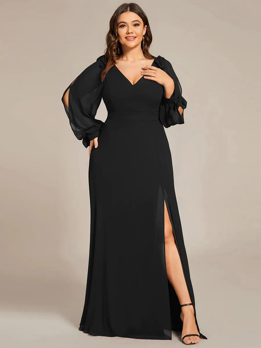 Plus Size Long Lantern Sleeves A Line V Neck Evening Dress