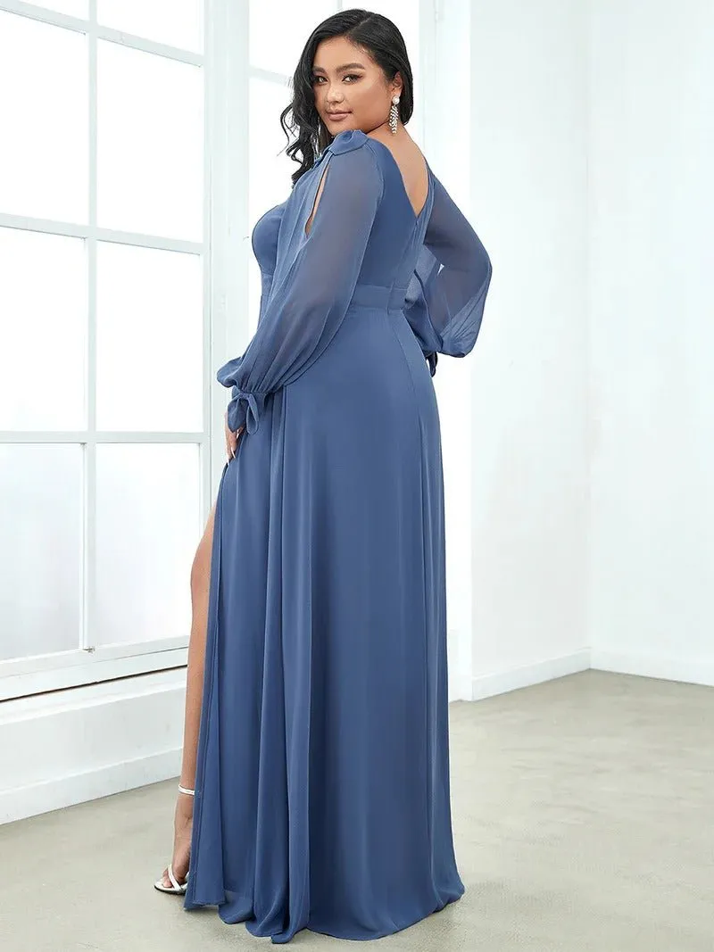 Plus Size Long Lantern Sleeves A Line V Neck Evening Dress