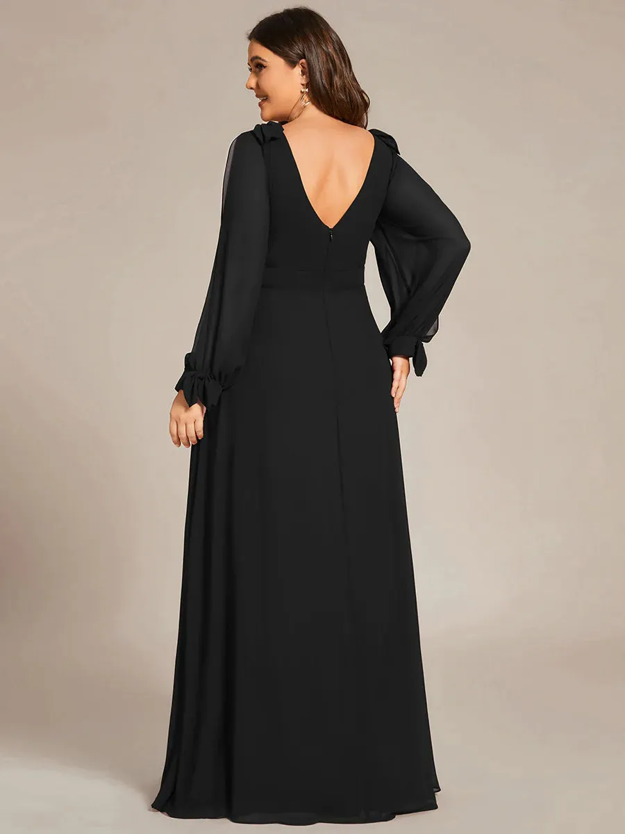 Plus Size Long Lantern Sleeves A Line V Neck Evening Dress