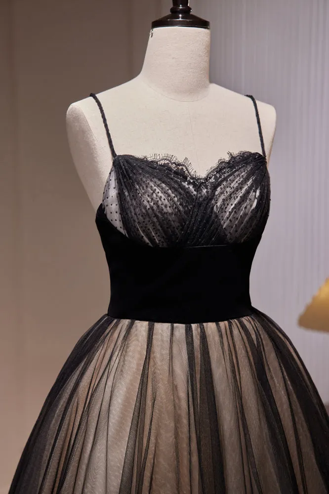 Simple Black Spaghetti Straps Lace A Line Tulle Long Prom Dresses