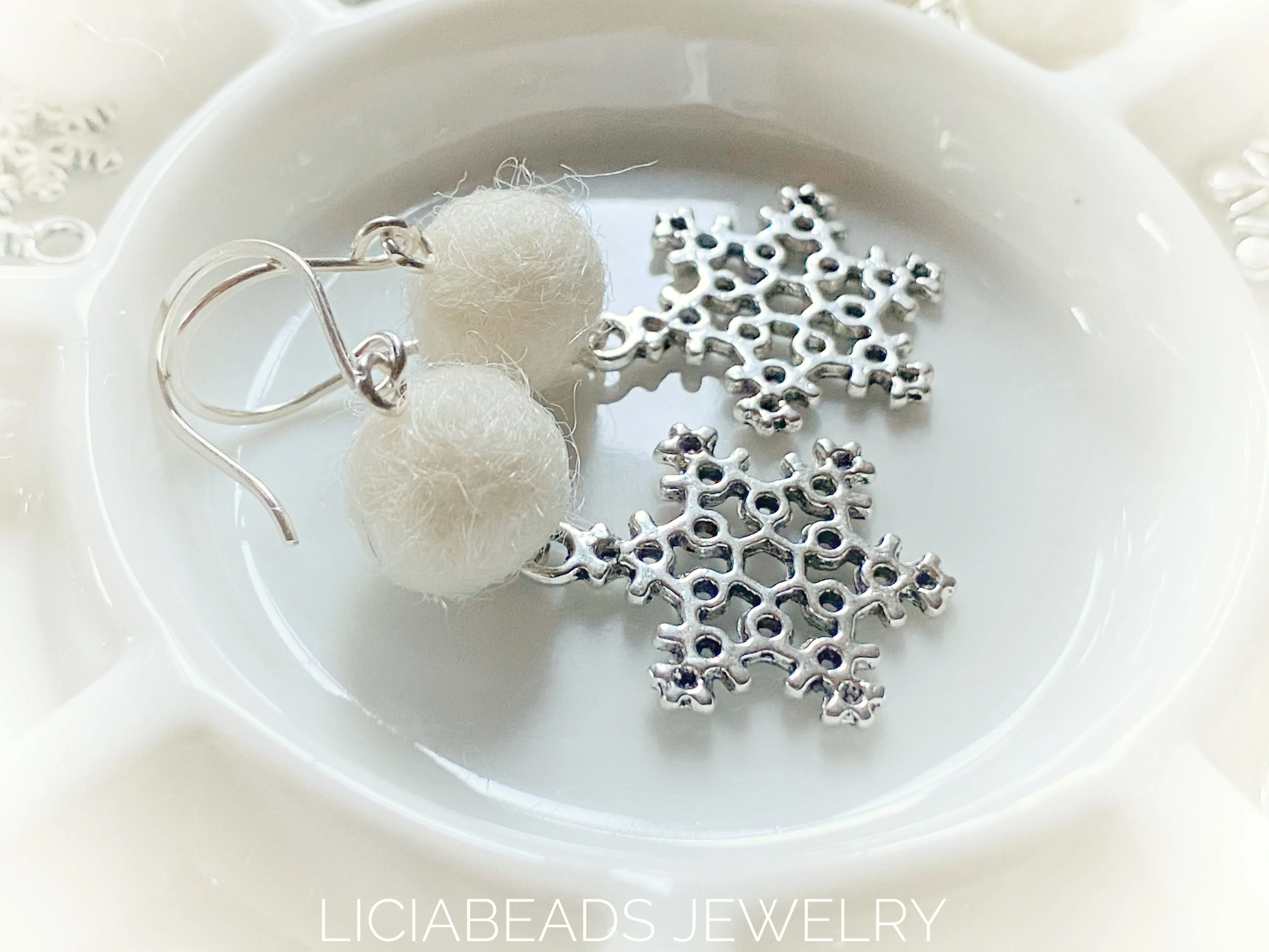 Snowflake and felted snowball earrings with sterling silver hooks (A)