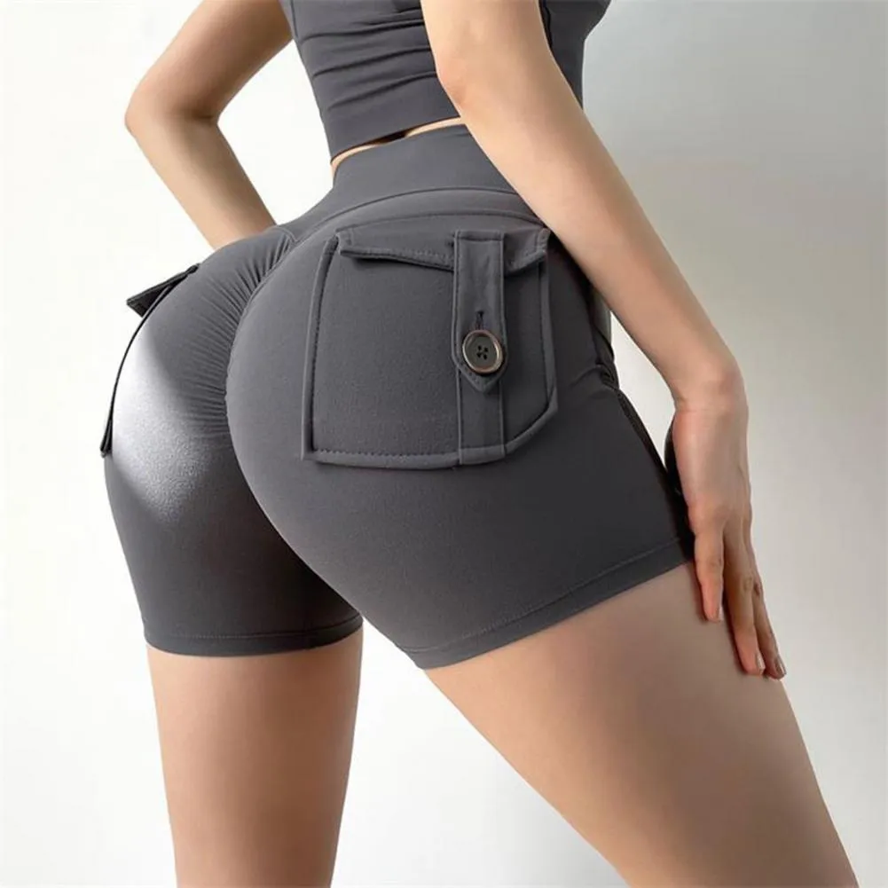 Two Pockets Skinny Women Yoga Shorts High Waist Hip Lift Running Shorts Tights Buttocks Fitness Gym Running Workout Leggings