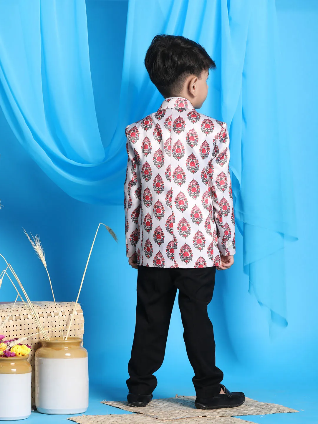 VASTRAMAY Boy's Cream Base Multi-Color Printed Blazer