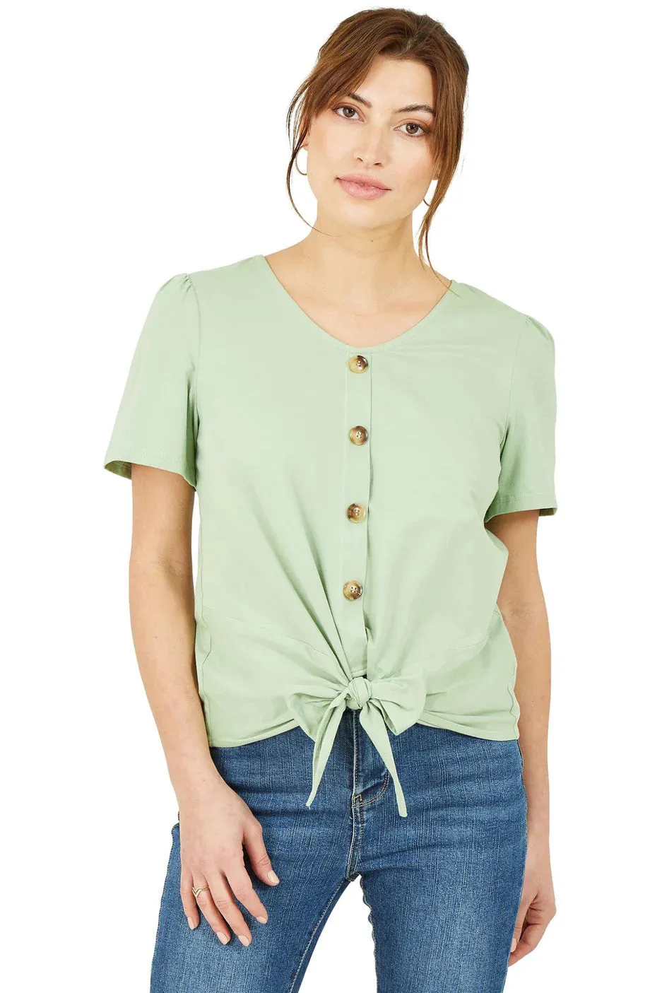 Yumi Green Button Tie Jersey T-shirt